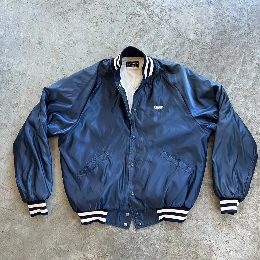 Vintage Butwin Onan Satin Varsity Bomber Jacket USA Navy Blue Men’s XL XXL